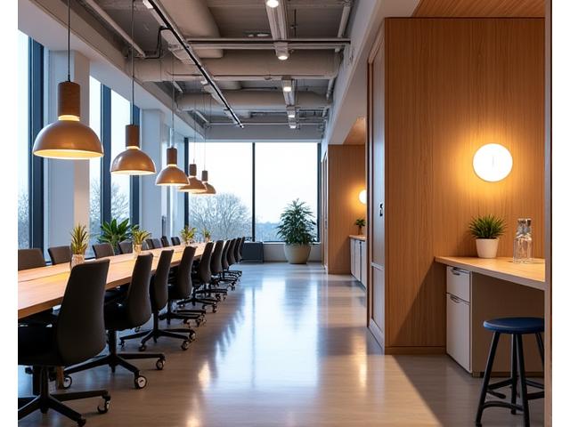 Moderne Bürobeleuchtung aus Holz in einer Kanzlei in Salzburg