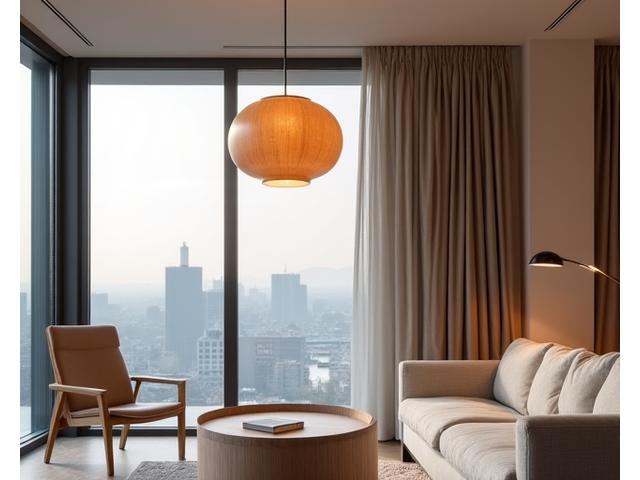 Architektonische Holzleuchte in einem Penthouse in Wien