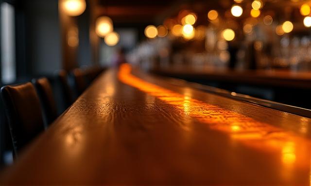 Atmosphärische Beleuchtung einer Restaurantbar aus Holz