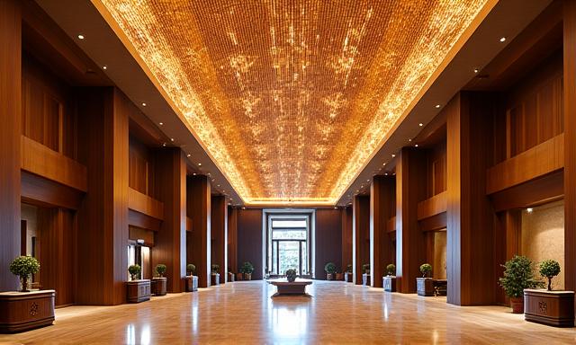 Große dekorative Holzleuchte in einer Hotellobby
