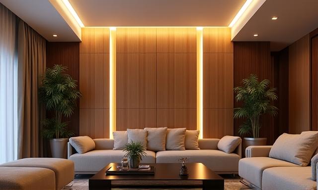 Moderne Holzpaneel-Beleuchtung im Wohnzimmer