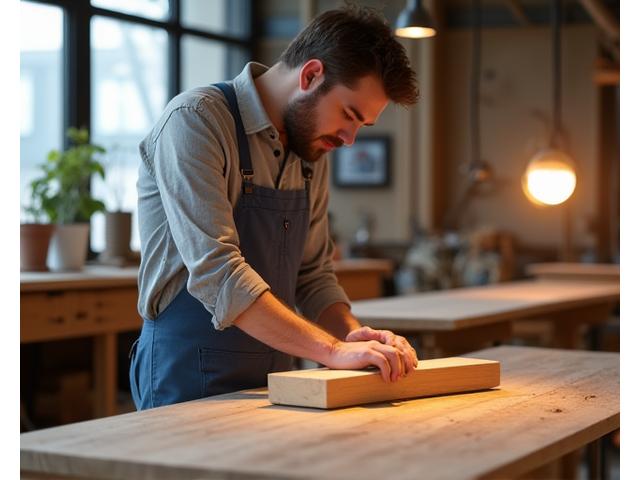 Handwerker bei der Arbeit in der LeuchtHolz Werkstatt, die Holz für eine Leuchte bearbeitet